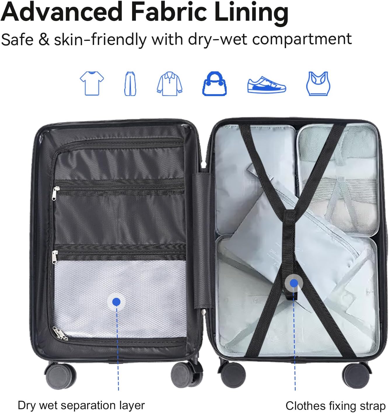 SOKOK Front Pocket Luggage Carry On with Spinner Wheels, Wide Handle Travel Suitcase PC Hardshell Durable Rolling Luggage for Business Trip with Charging Port and Cup Holder, Black