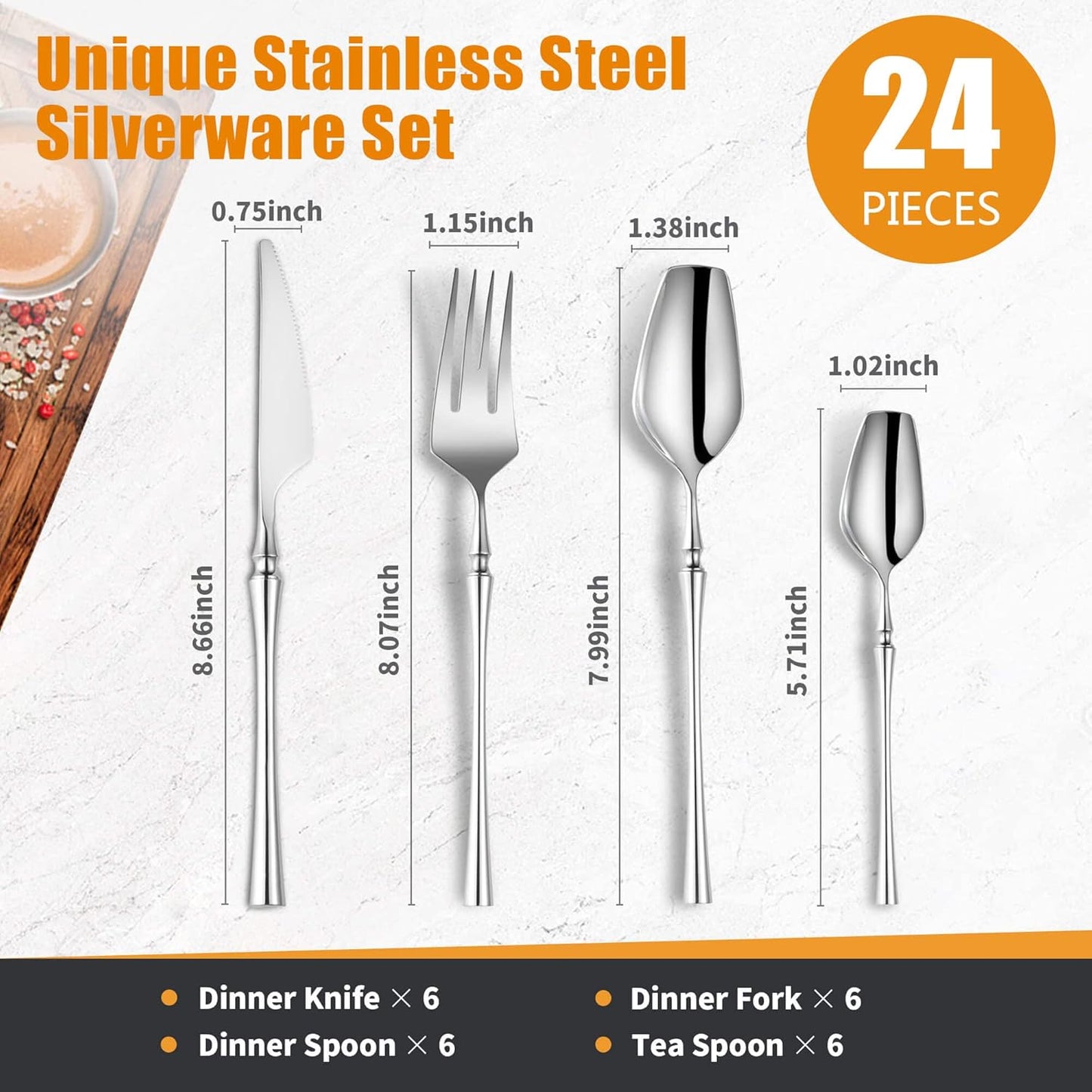 24-Piece Silverware Set for 6,Modern 18/10 Stainless Steel Flatware Set,Unique Rustic Cutlery Utensils Set,Spoon and Fork Set for Home, Restaurant,Wedding,Mirror Polished,Dishwasher Safe