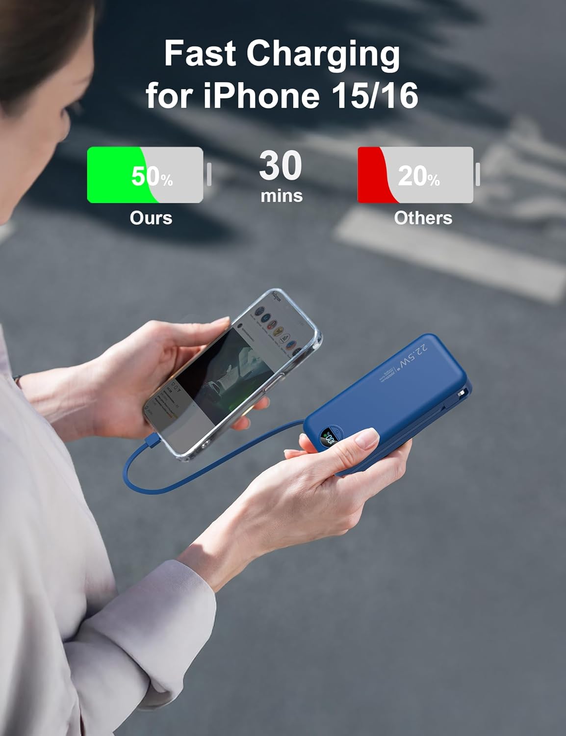 20000mAh Ultra-Portable-Charger-Power-Bank with Built in Cables&AC Wall Plug,PD20W USB-C Fast Charging Cell Phone Charger Battery Pack,LED Display Travel Battery Bank for All iPhone,Samsung,Android