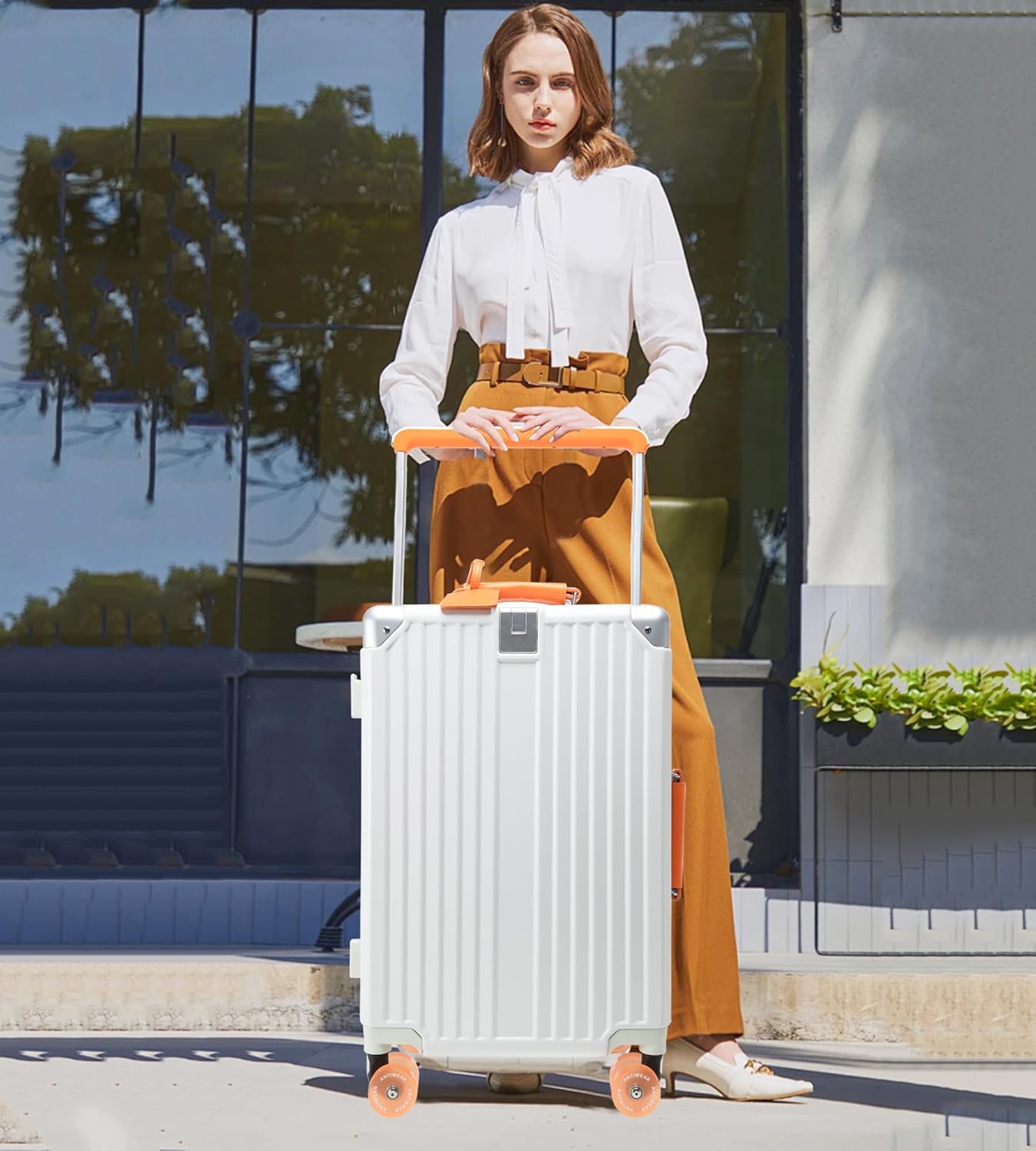 feilario 24" Aluminum Frame Wide Handle Hard Shell Carry On Suitcase - Vivid Colors Double Spinner Wheels Airline Approved Rolling Luggage with TSA Lock & Cup Holder (White, 24in)