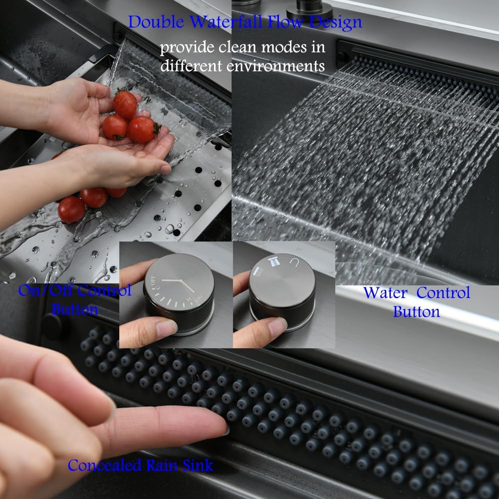 33 Inch Black Waterfall Drop In Kitchen Sink with Fuacet Combo-Bokaiya 33x22 Waterfall Kitchen Sink with Cup Washer Stainess Steel Top Mount 16 Gauge Deep Single Bowl Modern Kitchen Sinks