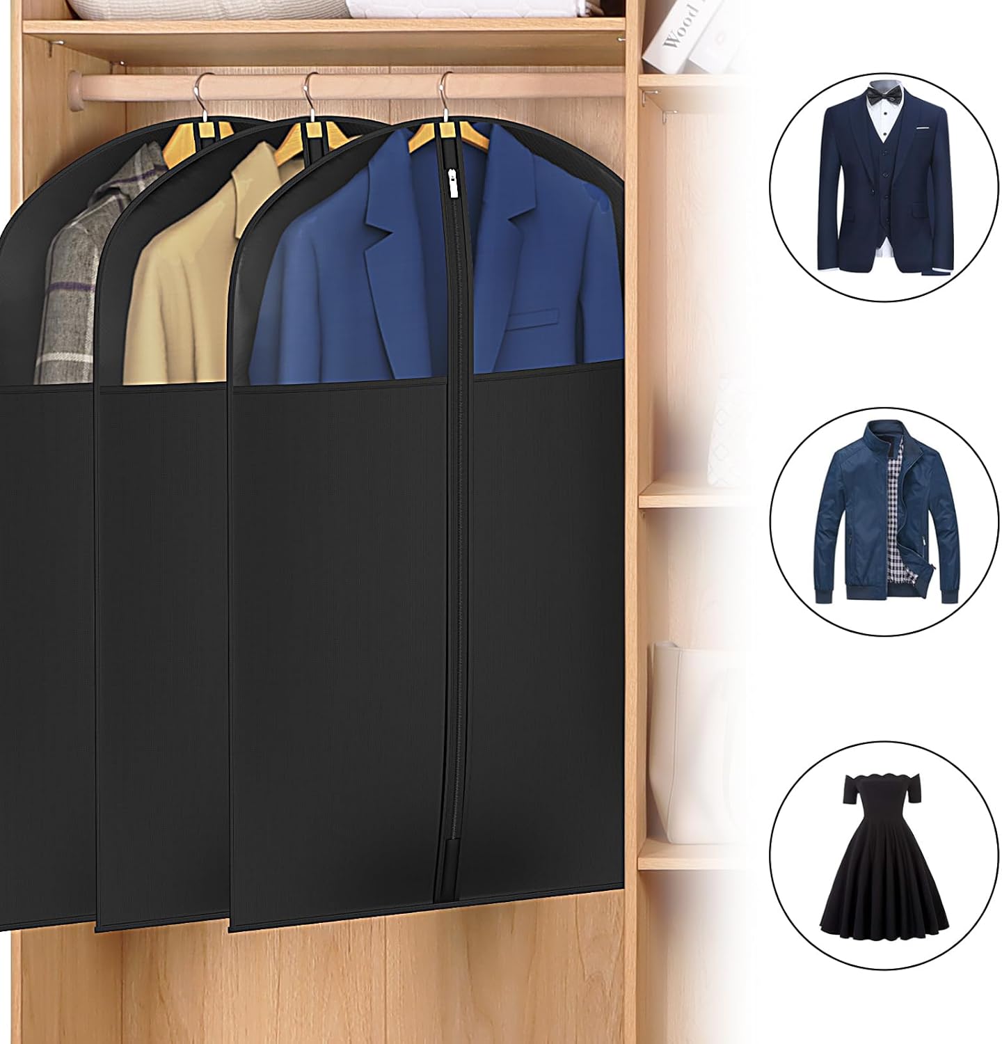 Univivi Garment Bag Suit Bag for Hanging Clothes, 40" Lightweight Full Zipper Washable Suit Cover with Large Visible Window for Suit Coat, Jacket, Sweaters (Set of 6), Black