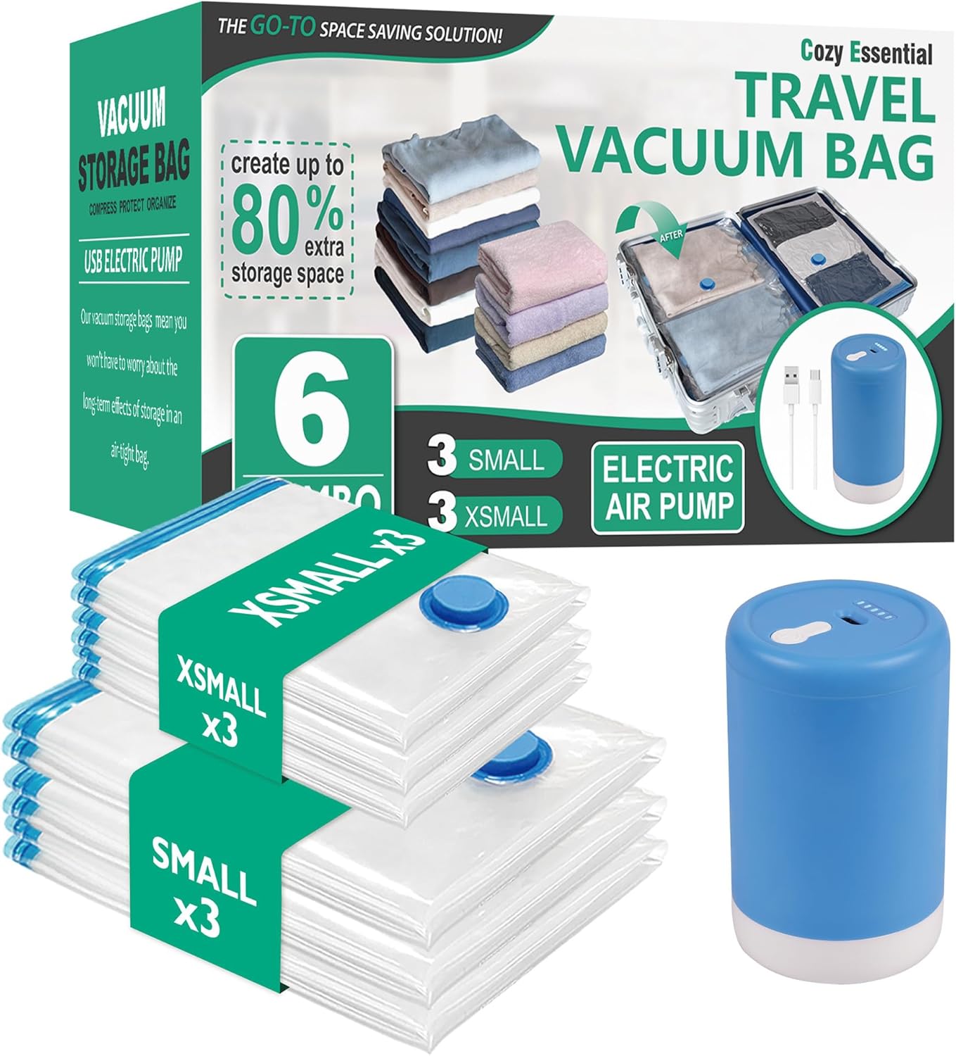 Cozy Essential Travel Vacuum Bags with Electric Pump, 6 Pack Vacuum Travel Bags for Luggage and Suitcase, Vacuum Seal Space Saver Compression for Clothes Clothing