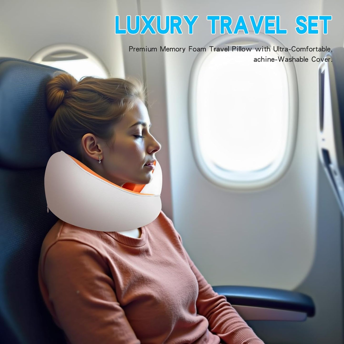 Adjustable Memory Foam White U-Shaped Travel Pillow with Luxurious Knitted Cotton Cover, Slow-Rebound Design for Airplane Travel and Neck Comfort, Perfect Traveler Gift