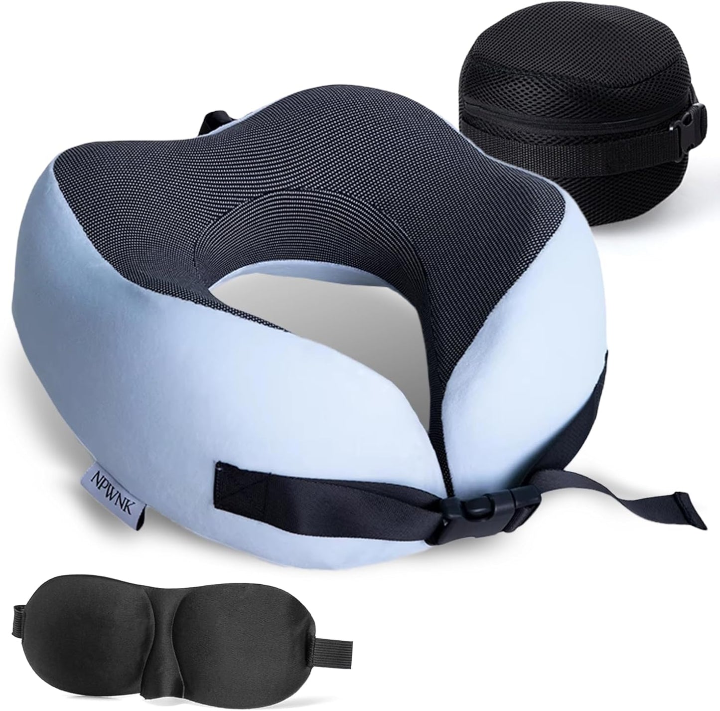 Pure Memory Foam Travel Pillows for Airplanes – Ergonomic Design with Adjustable Fit, Machine Washable, 3D Eye Mask & Compact Plane Pillow for Traveling – Grey & Blue