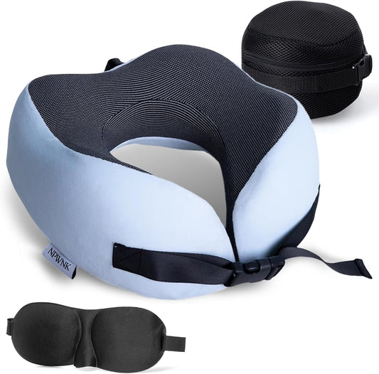 Pure Memory Foam Travel Pillows for Airplanes – Ergonomic Design with Adjustable Fit, Machine Washable, 3D Eye Mask & Compact Plane Pillow for Traveling – Grey & Blue