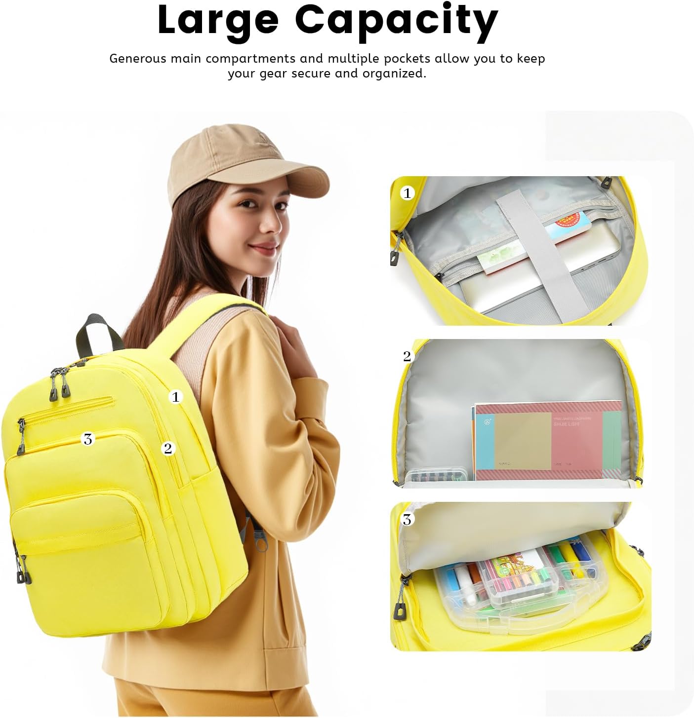Lanola Basic Multi-Pocket Multipurpose Backpack Classical Water Resistant Student Bookbag For School Business Travel or Casual Daypack Backpacks For Men Or Women - Yellow