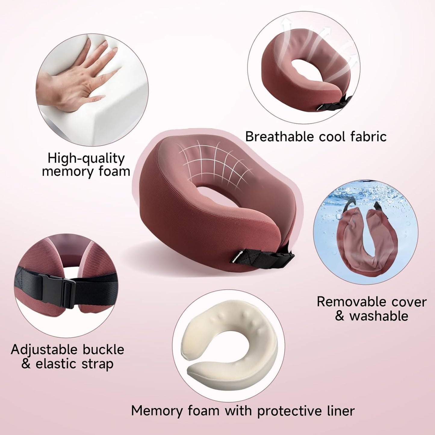 SPRFUFLY Travel Pillow/Neck Brace - 100% Memory Foam Neck Pillow for Sleeping, Airplane Pillow with Sleep Mask & Earplugs, Travel Essentials Neck Brace Pillow for Airplane, Car, Office & Home(Pink)