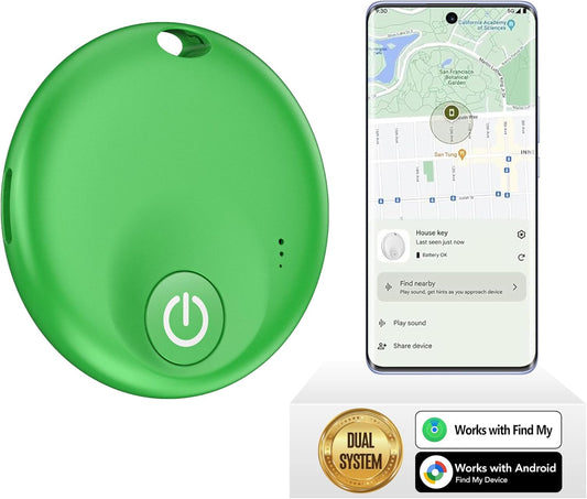 FindTag Duo - Dual System Tracker for iOS or Android, Bluetooth Tracking Tag/Key Finder/Luggage Tracker/Item Locator, Compatible with iOS Find My or Google Find Hub App (Green)