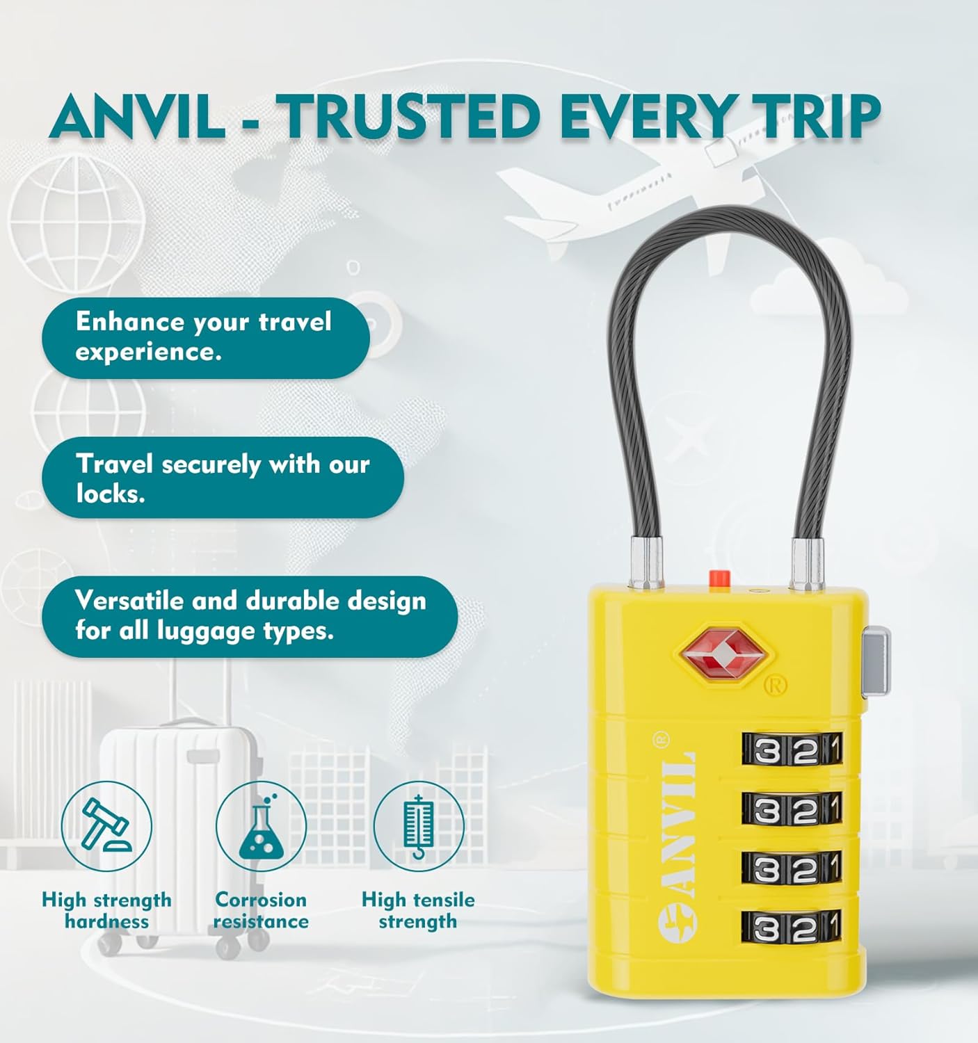 ANVIL 4 Digit Luggage Locks, TSA Locks for Luggage, Advanced TSA008 core, Alert Indicator for Your Travel Lock, Suitcase Lock.(2, Yellow)
