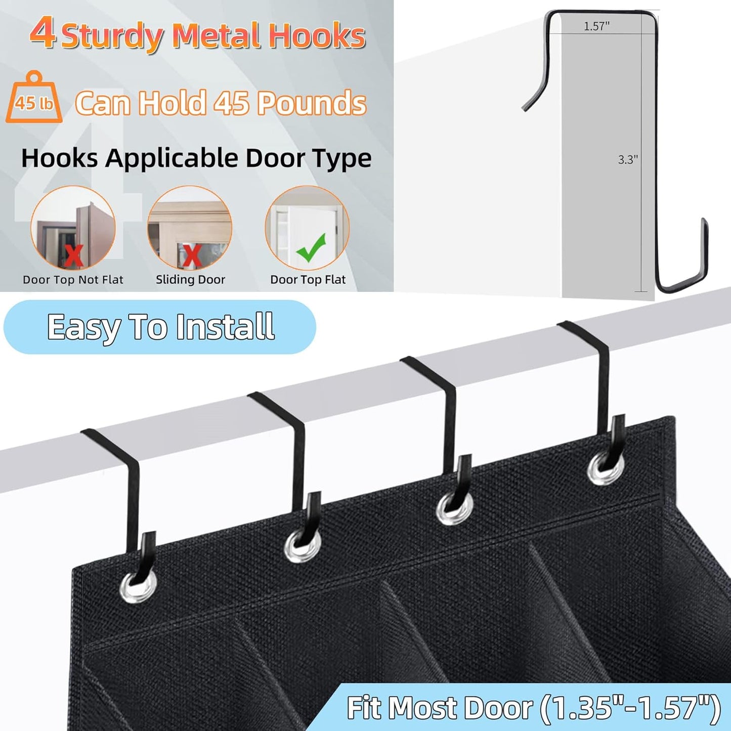 Over The Door Shoe Organizer, 2 Pack Hanging Organizer with Large Deep Pockets, Rack for Closet and Dorm Narrow Door, Holder Black