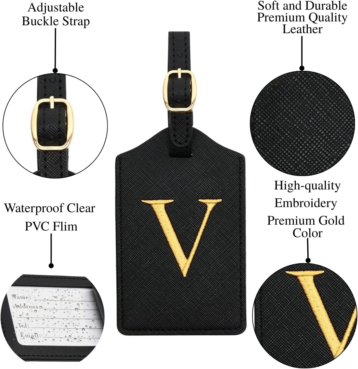 Luggage Tag PU Leather for Suitcase Baggage Handbag Travel Bag Label Suitcase Tag Label Tag w. Name Card & Privacy Cover (V)