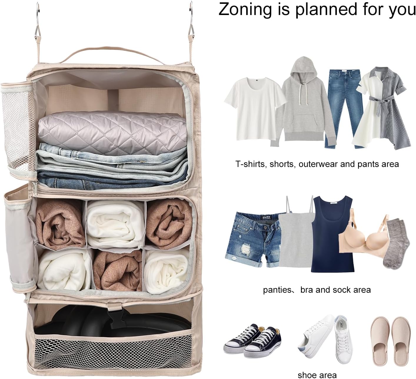 TABITORA Travel Portable Hanging Shelves Closet Organizer Packing Luggage Organizer and Storage with Multifunctional and Foldable Invisible Compartment,Lightweight, for Suitcase, RV,Closet…Beige,XL