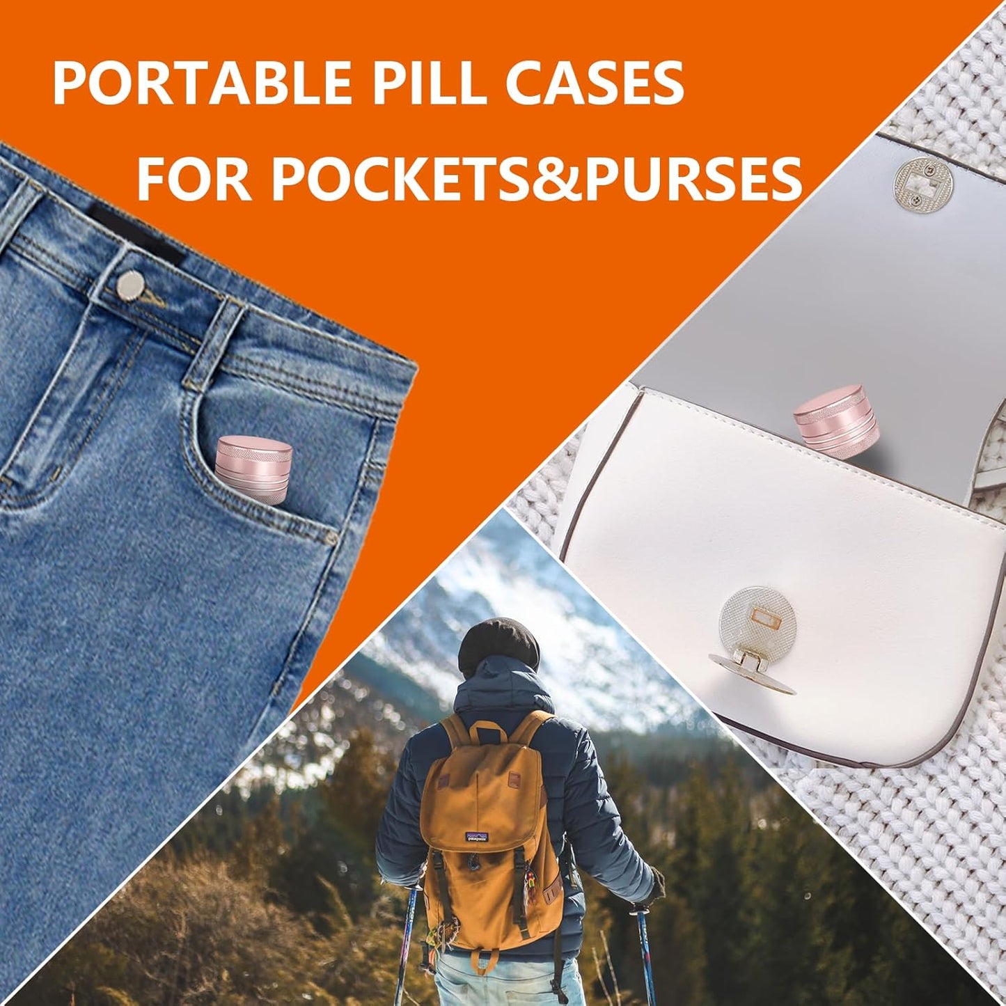 2 Sets Small Pill Box, Portable Daily Box, Aluminium Alloy Round Container for Pills, Pocket Case (Pink+Gold)