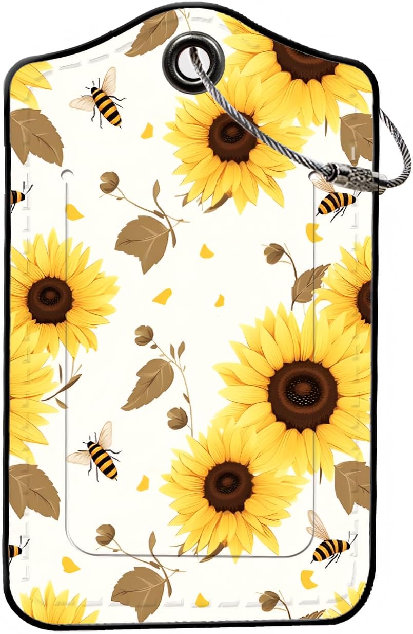 Luggage Tags for Suitcases, 2-Pack PU Leather for Cruise & Travel, Baggage ID Tags with Privacy Cover & Address Card, Durable Metal Ring, Kids Adults Travel Accessories, Sunflower Buzz