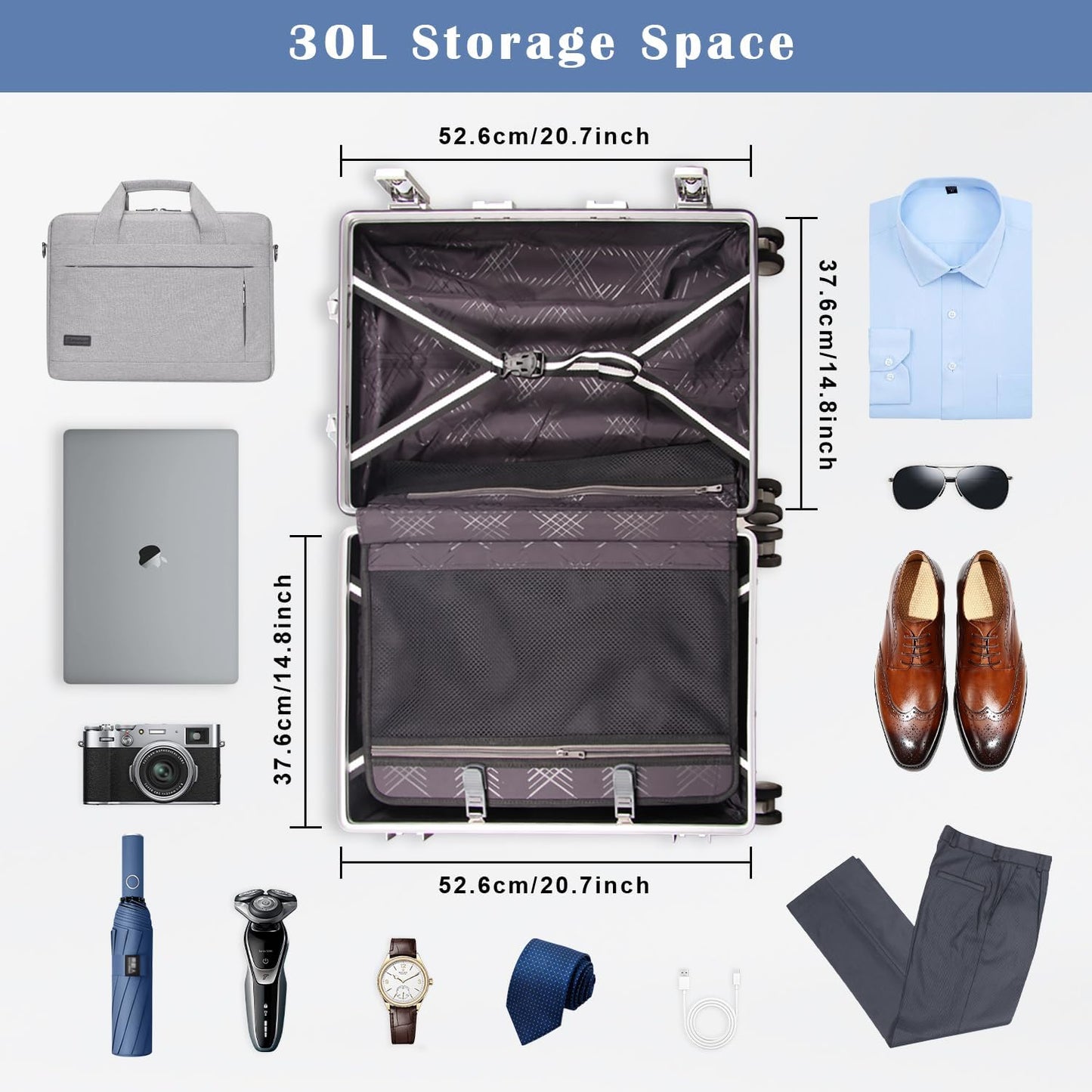 DOMINOX All Aluminum Carry On Luggage Hard Shell Luggage Aluminum Suitcase for Travel Zipperless Luggage Checked Luggage with Silent 360° Spinner Wheels 20 In. (Vertical Grain Style, Sliver)