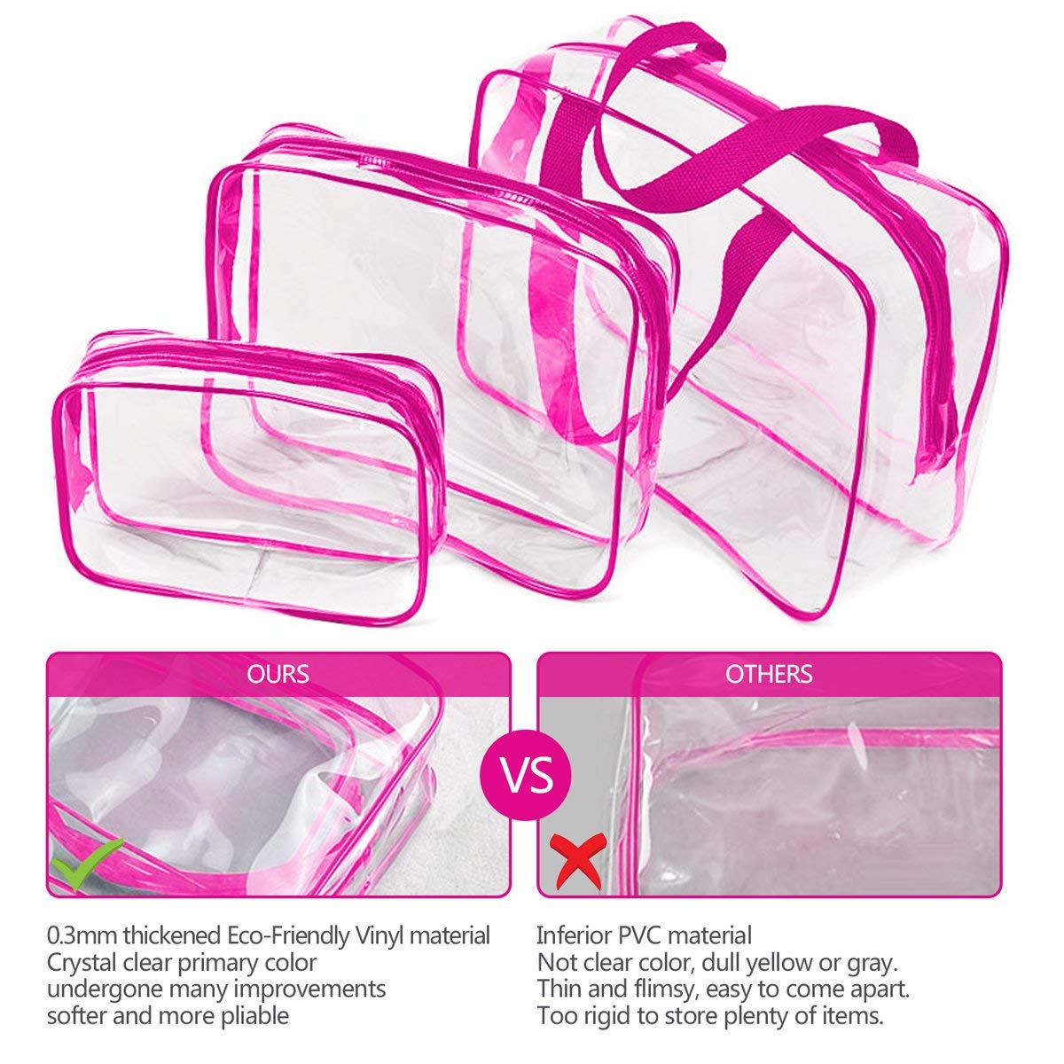 4Pcs Crystal Clear PVC Travel Toiletry Bag Kit for Women Men, Waterproof Vinyl Packing Organizer Storage Bags with Zipper Handle Straps, Cosmetic Pouch Carry on Airport Airline Compliant Bag Handbag
