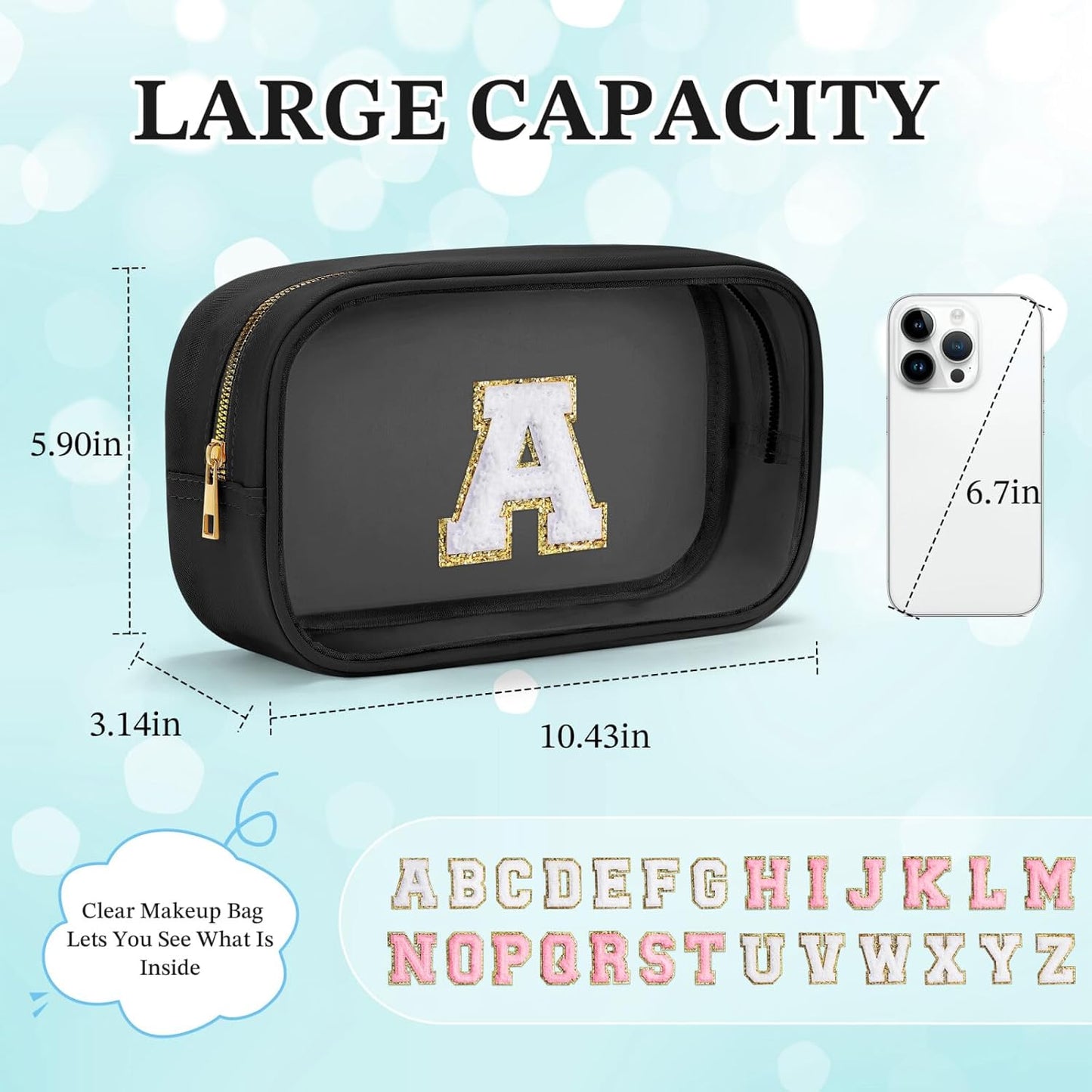 YOOLIFE Travel Makeup Bag Toiletry Bag for Women, Clear Make up Bag PVC Cosmetic Bag Black Travel Accessories Makeup Pouch Birthday Gifts for Women Teacher Mother Wife Girlfriend Gifts Letter Z