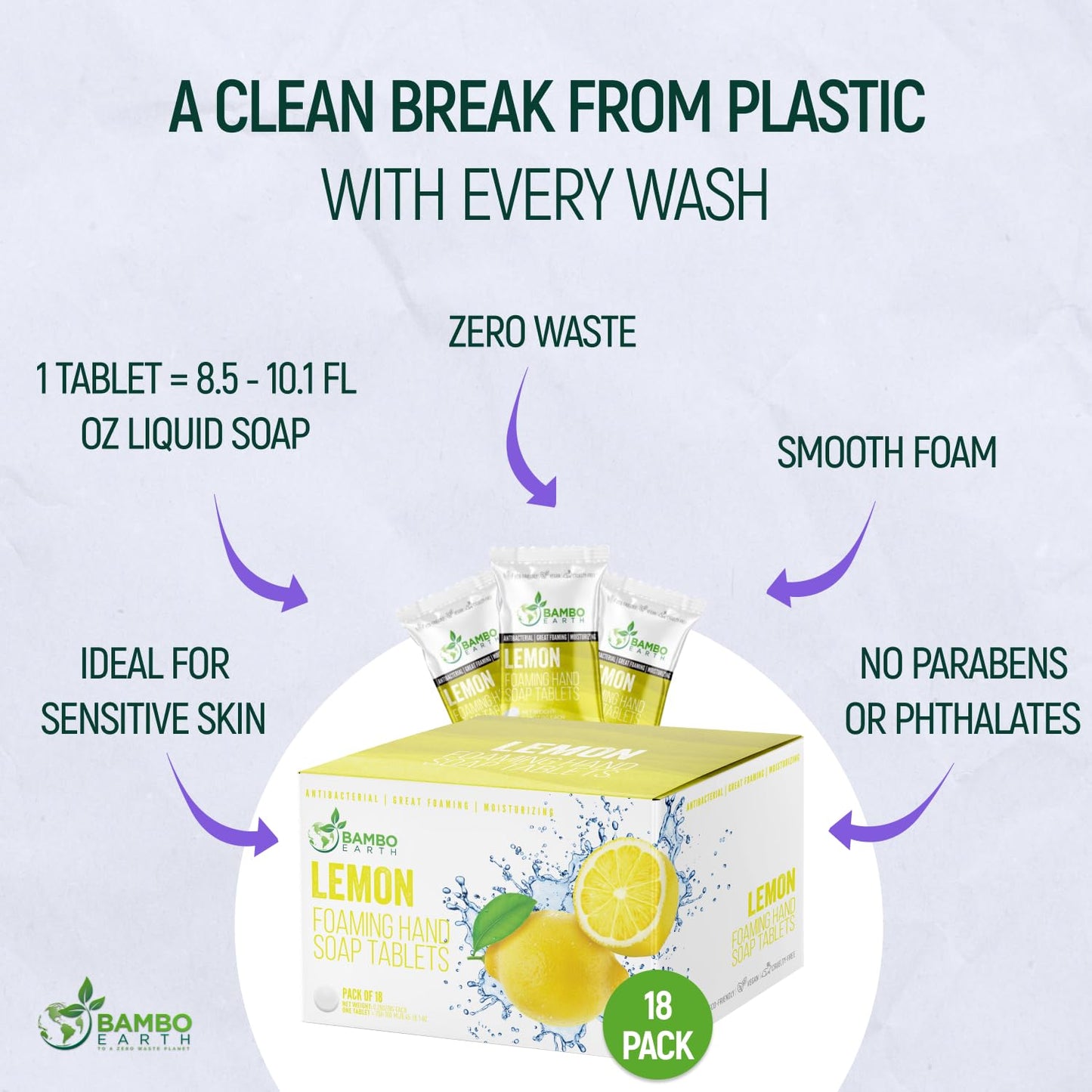 18 Pack Natural Foaming Hand Soap Tablets - Soft Moisturizing Handwash Tab Refills - 1 Tablet = 9 Oz Refillable Liquid Wash Foam Handsoap - Eco-Friendly Paper Softsoap Refill Tabs (Lemon)