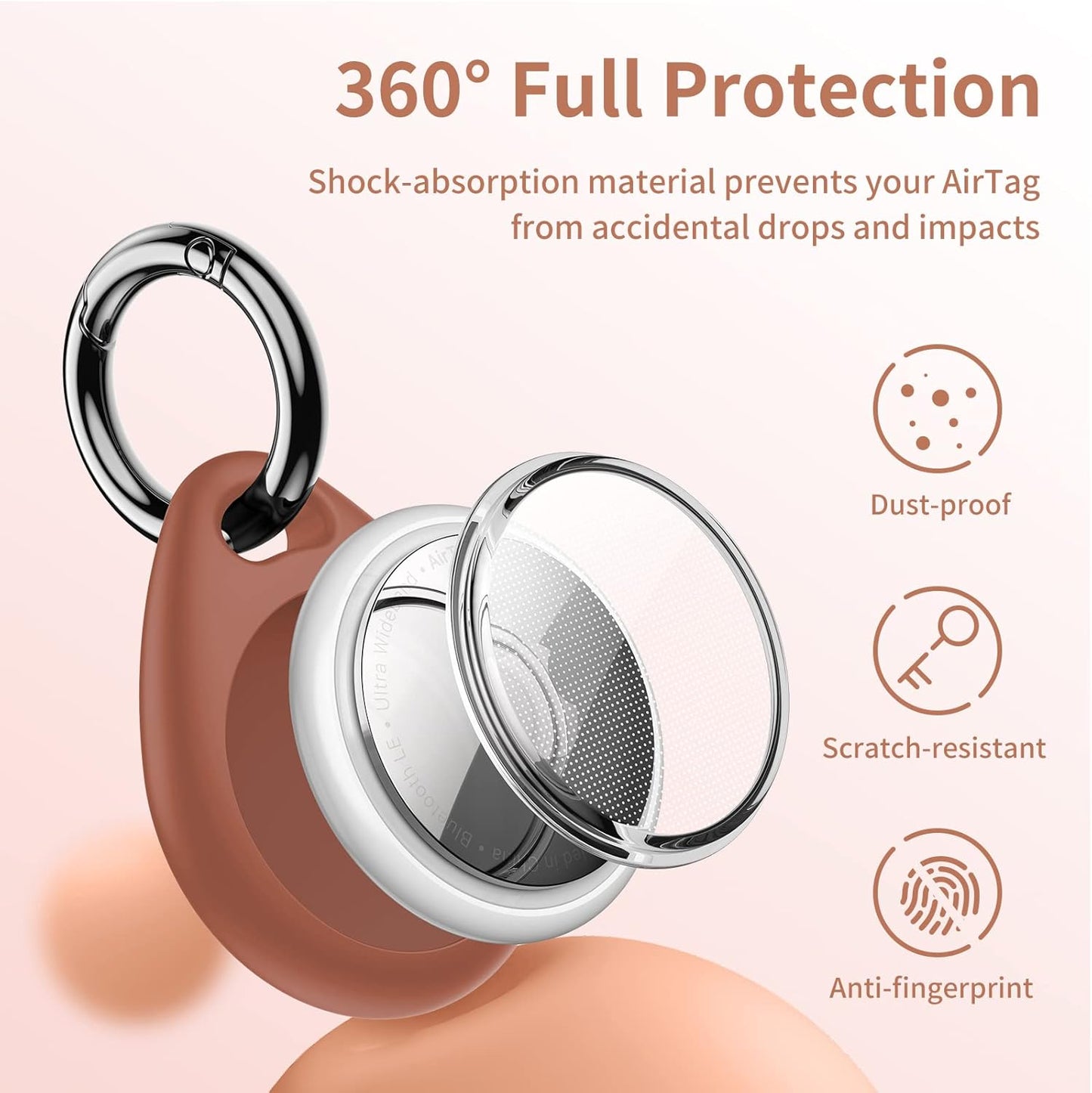 UNBREAKcable Holder for Apple AirTag - 4 Pack [Fit Tightly Design] [Easy to Install] [Hold Air Tag Securely] Waterproof TPU Shell Protective Case with All Metal Keychain Key Ring Clip (Black&Brown)