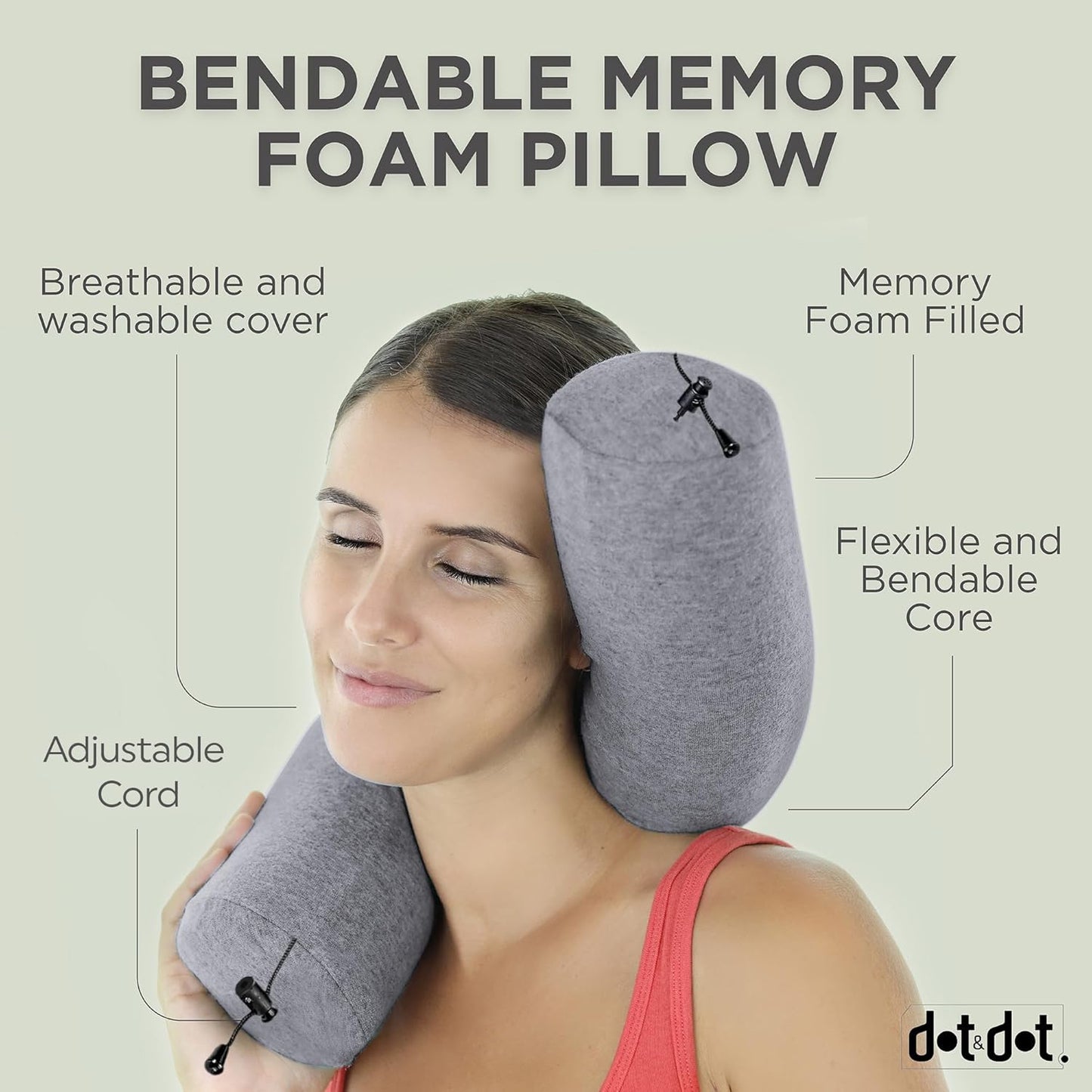 Dot&Dot Twist Memory Foam Travel Pillow for Airplanes - Travel Neck Pillow for Sleeping - Airplane Pillow for Neck Support, Chin, Lumbar and Leg - Adjustable, Bendable Neck Roll Pillow, Steel