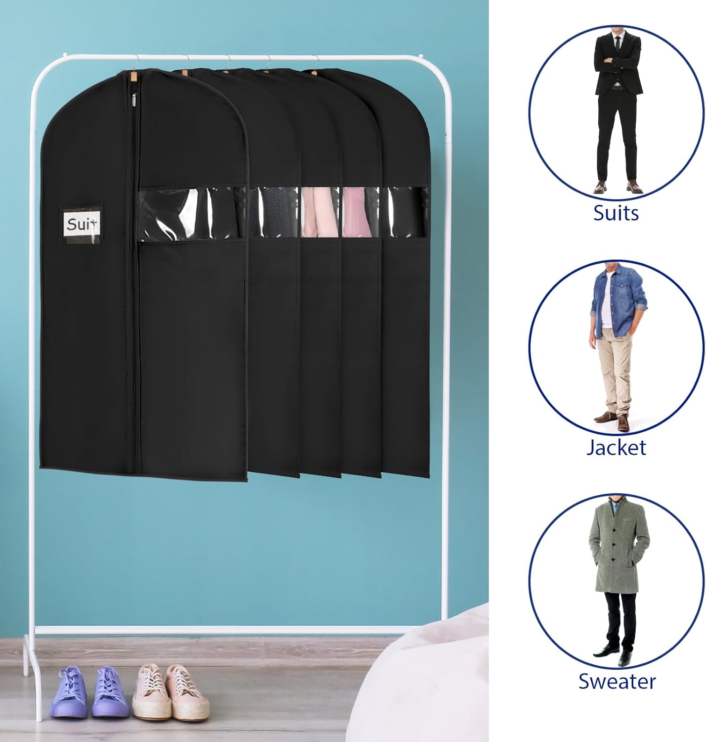 Syeeiex 40" Suit Bag(Set of 8), Suit Bags for Closet Storage, Garment Bags for Hanging Clothes, Suit Cover Bags for Suits, T-shirts, Jackets, Coats, Business Wear (Black)