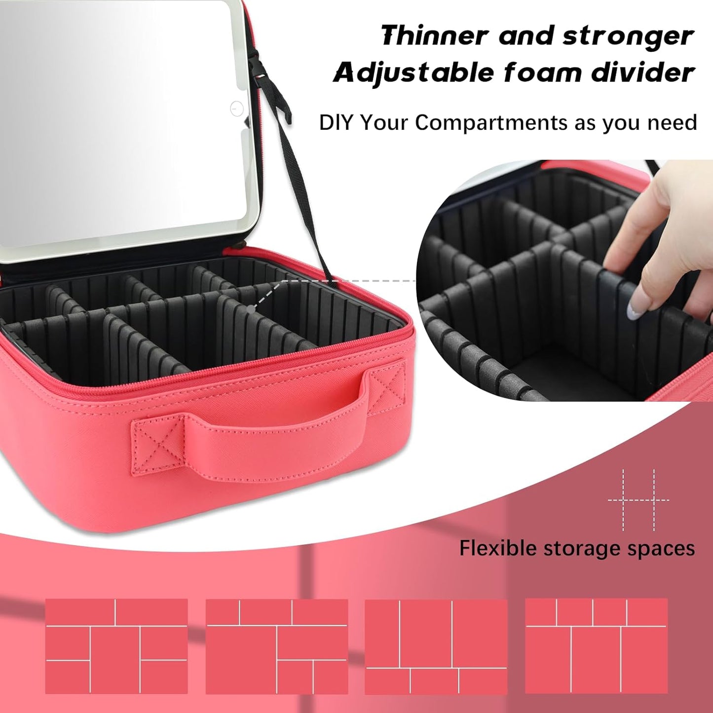 Makeup Bag with Led Mirror,Travel Makeup Organizer with 3 Color Setting, Portable Storage and Adjustable Dividers Travel Makeup Bag(light red)