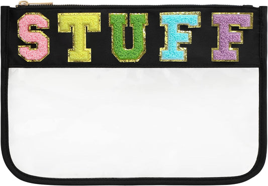 DYSHAYEN Chenille Letter Clear Zipper Pouch for Travel,Nylon Clear Cosmetic Bag,Makeup Travel Bag for Women Girls 11.8 Inches x 8.2 Inches