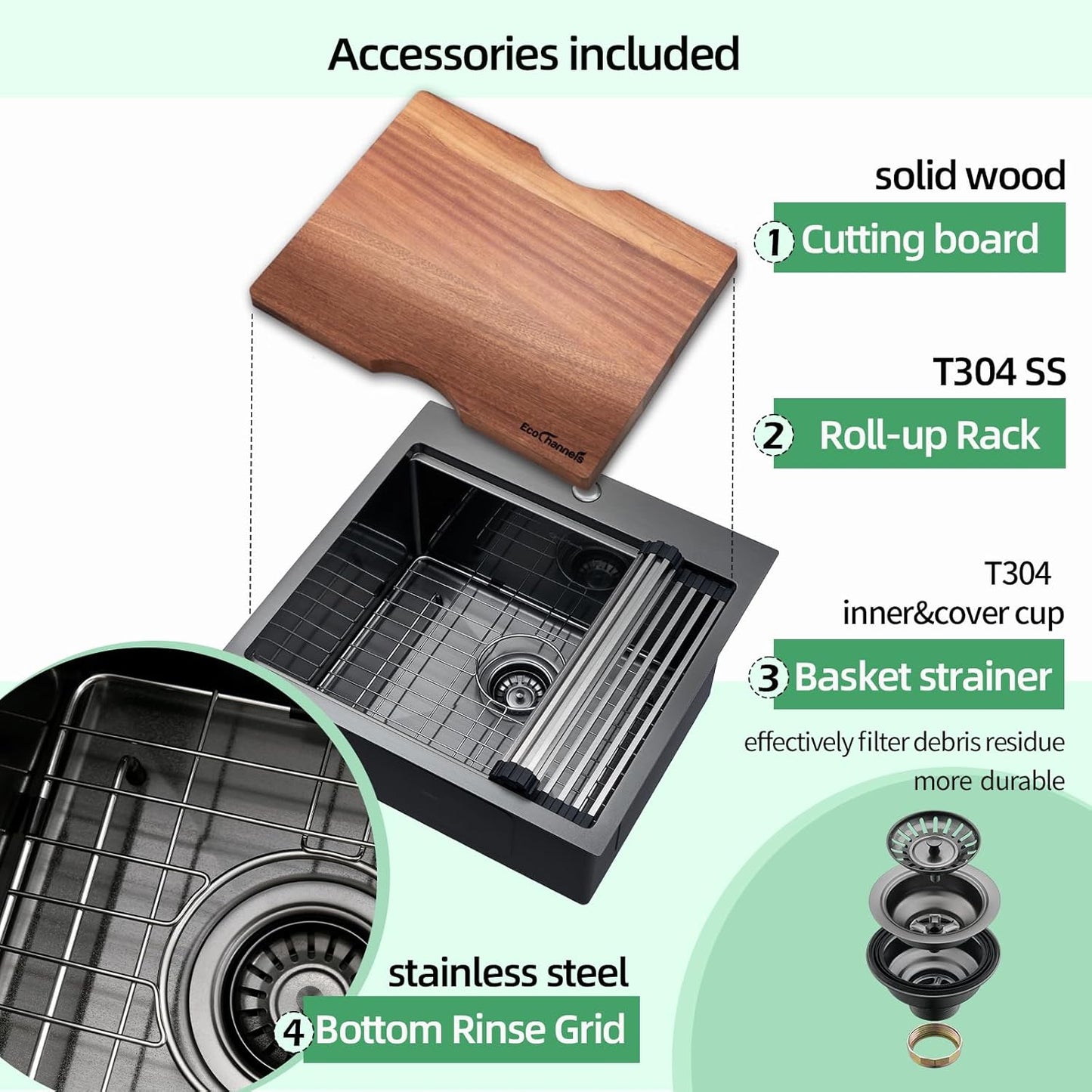 21 x 20 x 10 Drop-in Kitchen Sink - 16 Gauge Gunmetal Black Stainless Steel Workstation Single Bowl With Cutting Board