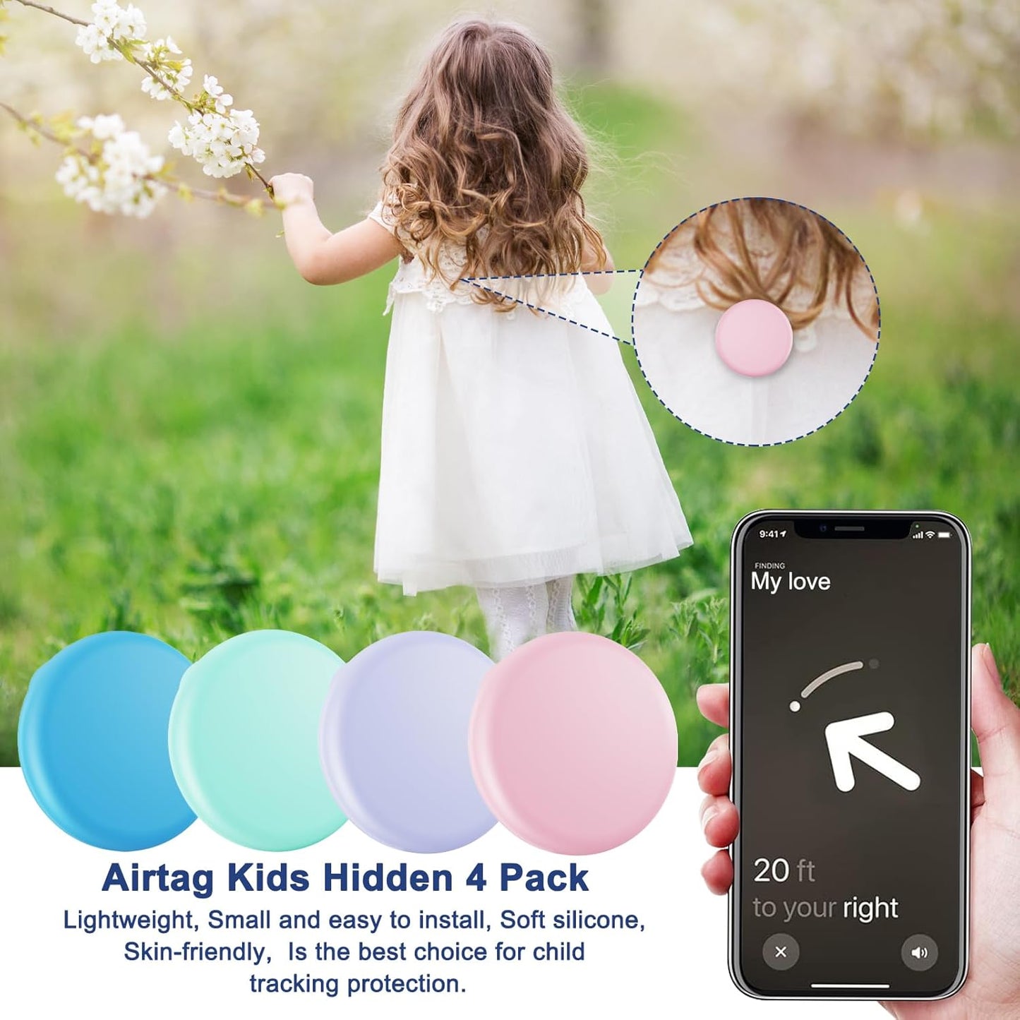 Compatible for Air Tags-4 Pack Apple Kids Hidden, for Air Tag Holder Kid,for AirTag Hidden Kids Holder with Invisible Pin, Anti Lost, for Kid, Luggage, Clothing (Pink Purple Sky Blue Mint Green)