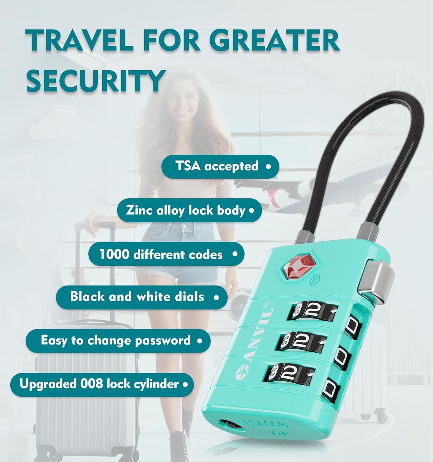 ANVIL TSA Approved Luggage Locks – High Security TSA008 Combination Travel Locks with Inspection Indicator for Suitcases and Backpacks. (4, Cyan)