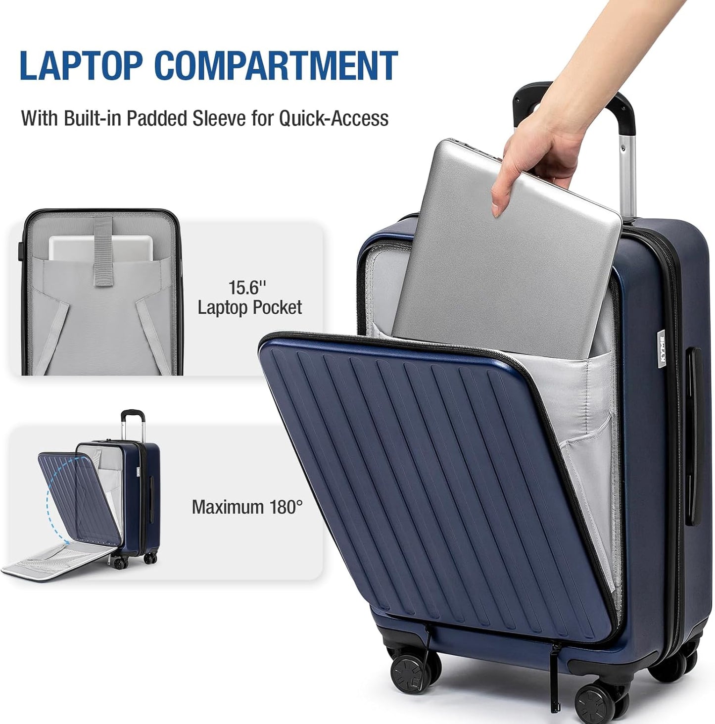 KYME 22-Inch Hardside Small Suitcase - 100% PC Hard Shell with Laptop Compartment, TSA Lock, Double Wheels for Men & Women, Navy