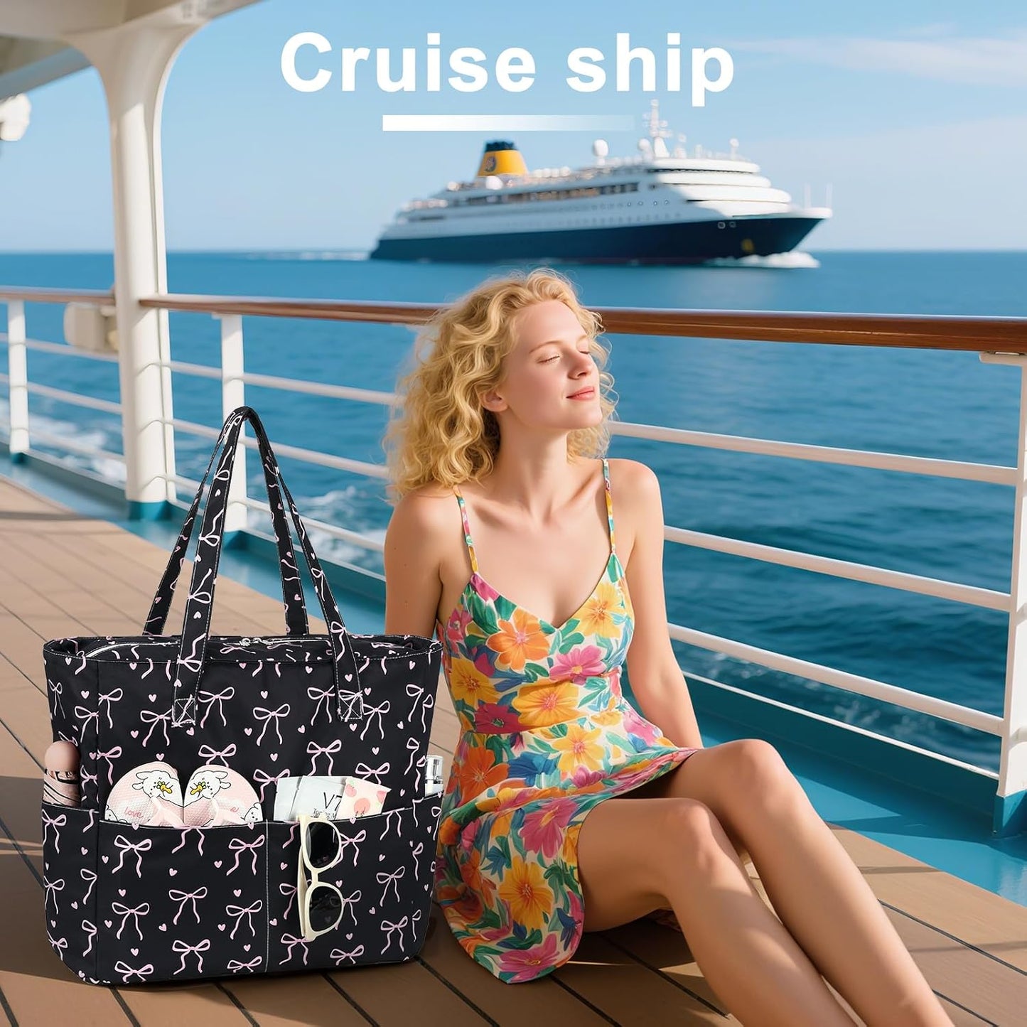 LEDAOU Large Beach Tote Bag Women Waterproof Sandproof Zipper Beach Tote Bag for Pool Gym Grocery Travel with Wet Pocket