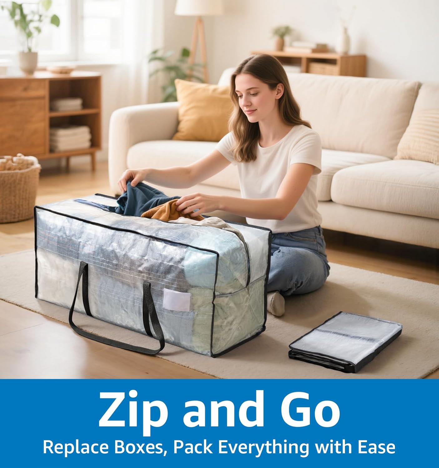 6 Pack Heavy Duty Moving Bags with Padded Wrap Around Handles-Strengthened Zipper Extra Large Storage Totes for Dorm College Clothes Clear