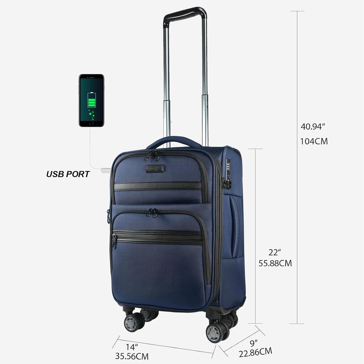 KROSER Softside Expandable Carry On Luggage with Spinner Wheels & Built-in TSA Lock, Durable Suitcase Rolling Luggage with USB Port, Carry-On 20-Inch, Navy