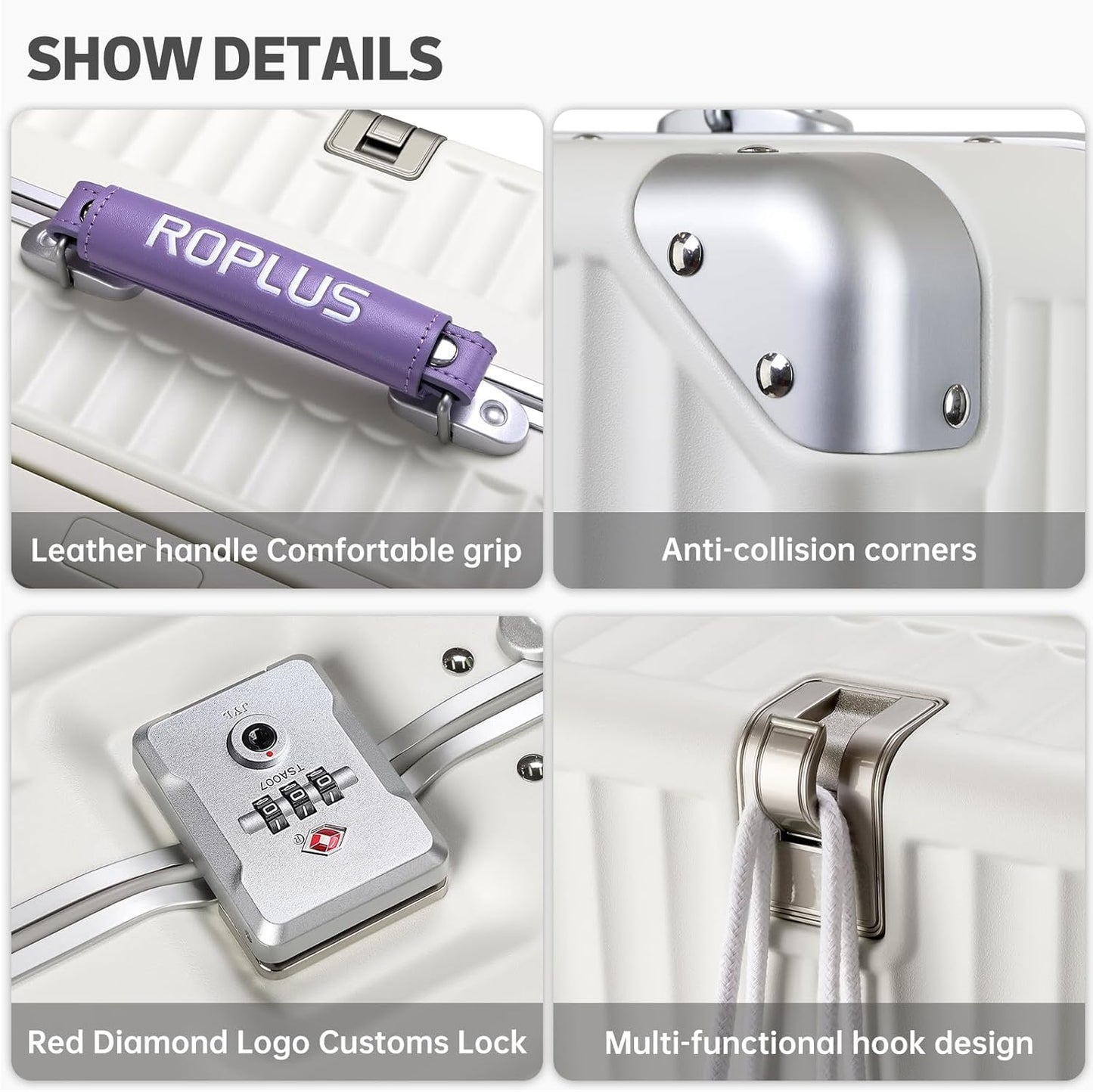 Aluminium Frame Checked-Luggage with Smooth Jelly Wheels, Hardside Zipperless Rolling Suitcase with TSA Lock (WhitePurple, 24-Inch)