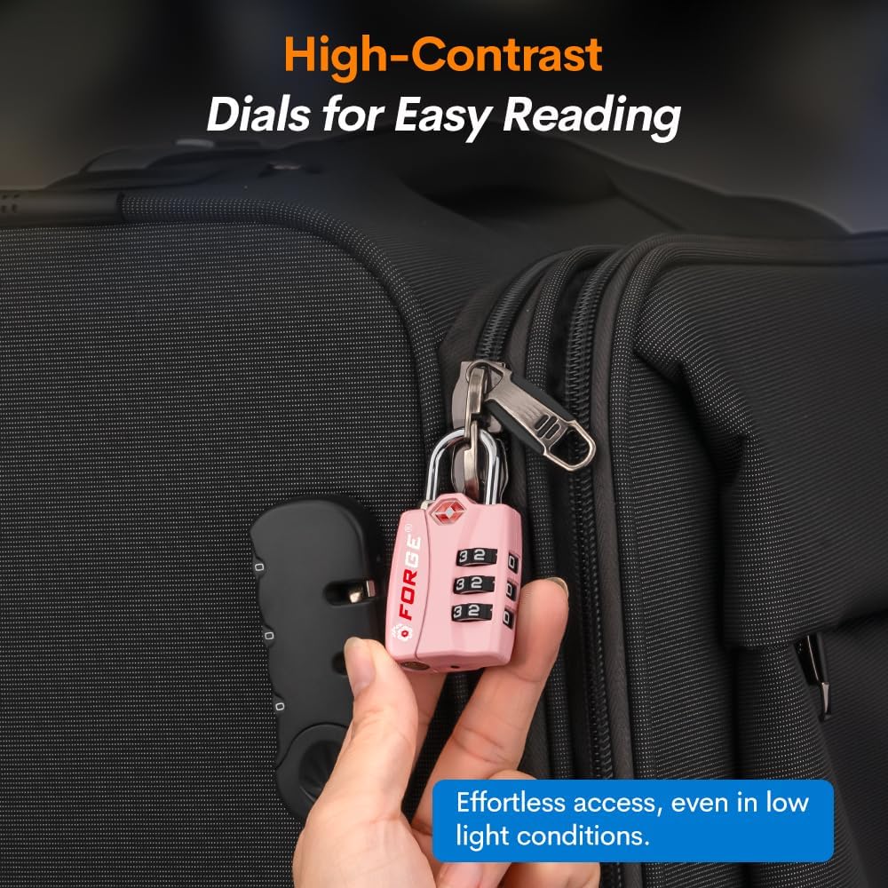 Forge Luggage Locks TSA Approved Luggage Locks, Small TSA Locks with Zinc Alloy Body, Open Alert, Easy Read Dials, for Travel Suitcase, Bag, Backpack, Cases, Lockers. Pink 2 Locks.
