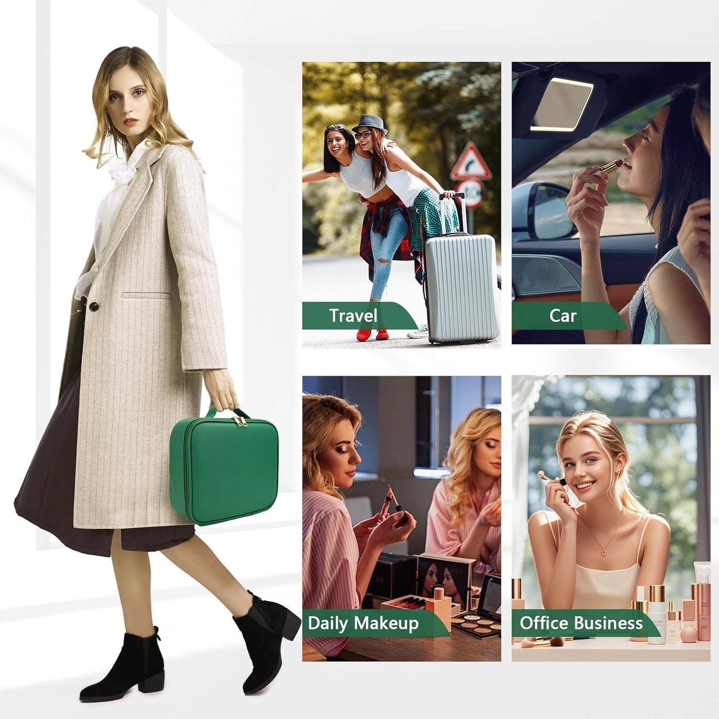 Travel Makeup Bag,with Mirror 3 Color Setting and Detachable 10x Magnifying Mirror Travel Makeup Bag,Portable Storage and Adjustable Dividers（Dark green）