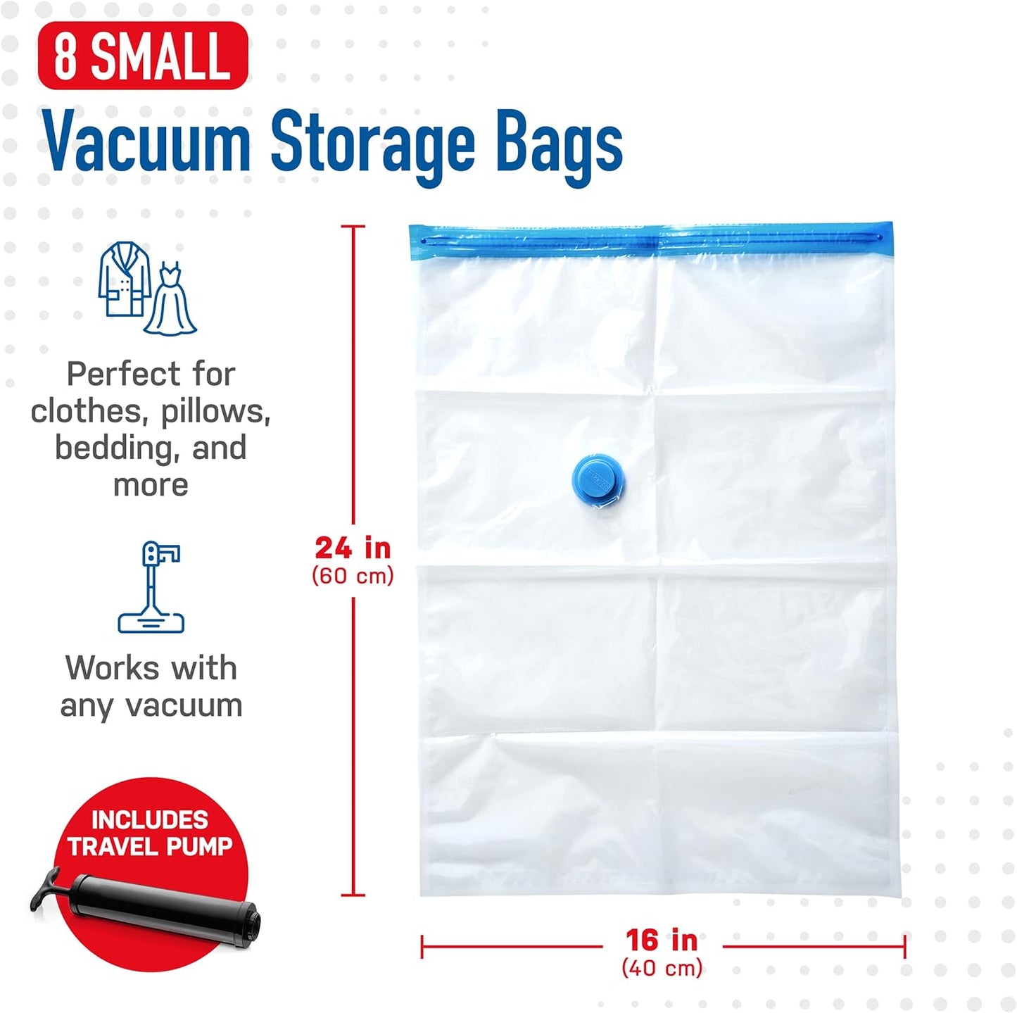 8 Pack Small Vacuum Storage Bags for Comforters, Blankets & Clothes – Vacuum Sealed Compression Bags with Hand Pump – Space Saver Storage Bags for Bedding, Moving, Travel & Organization