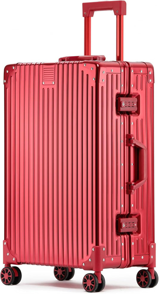 Metal All Aluminum Carry-on Luggage TSA Customs Lock Zipperless Silent Rotary Wheel Business Suitcase Aluminum Frame Set (red, 24 '')