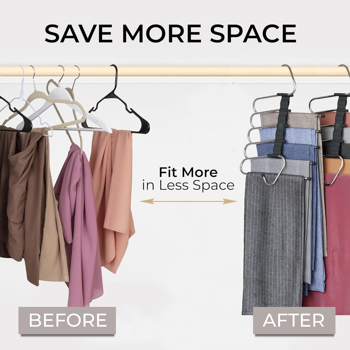 MORALVE Pants Hangers Space Saving - 2 Pack - Non-Slip Multi-Layer Space Saving Hangers - Multifunctional Clothing Rack for Closet Storage - Ideal for Jeans, Trousers, Skirts, Scarves & Slacks (Black)