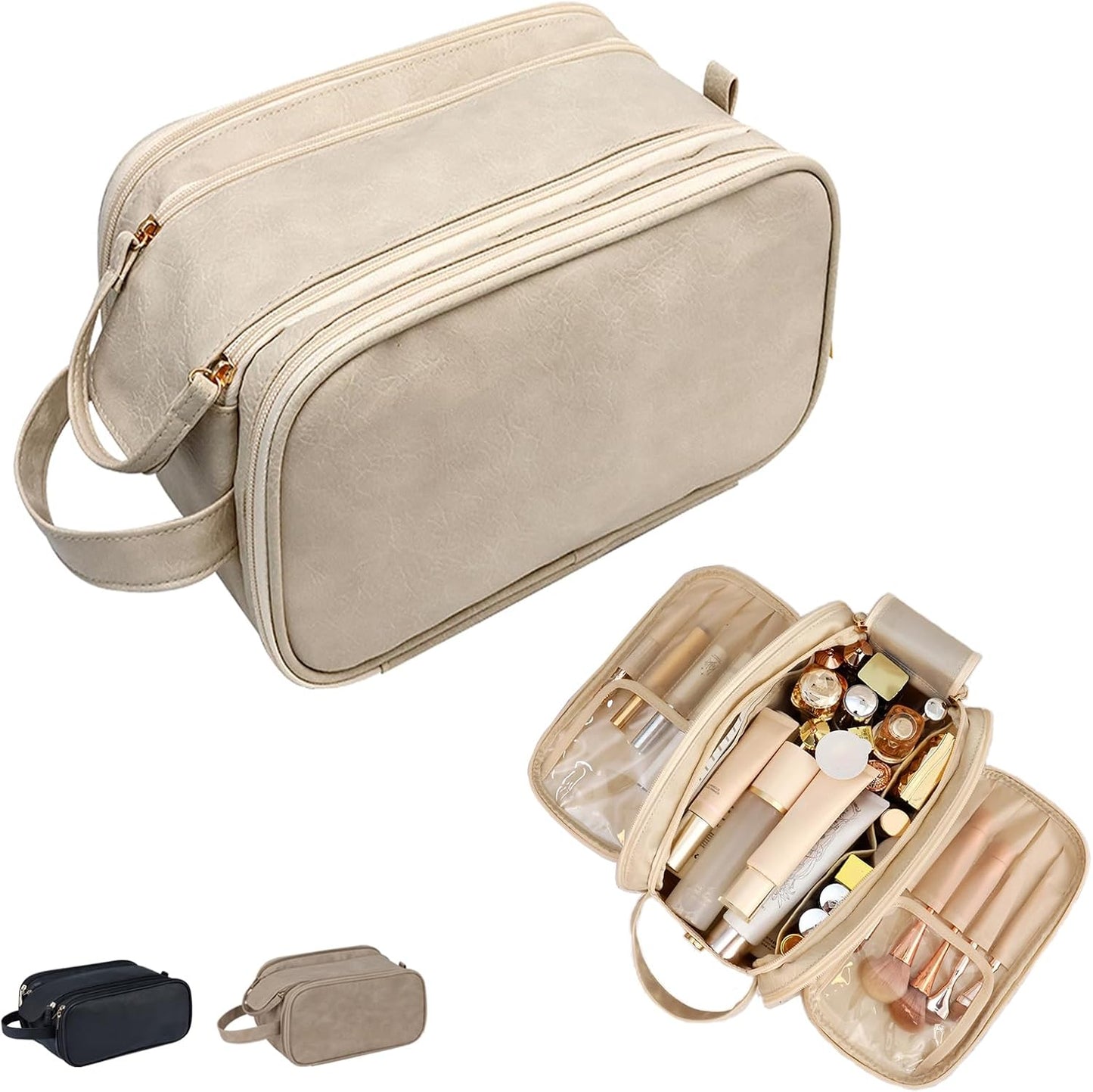 Travel Toiletry Bag for Women PU Triple-layer Double Zipper Toiletry Bags,Toiletries bag Women Waterproof with Handle Stowable Brushes, Toiletries Makeup for Business Trips Camping Bathroom Beige