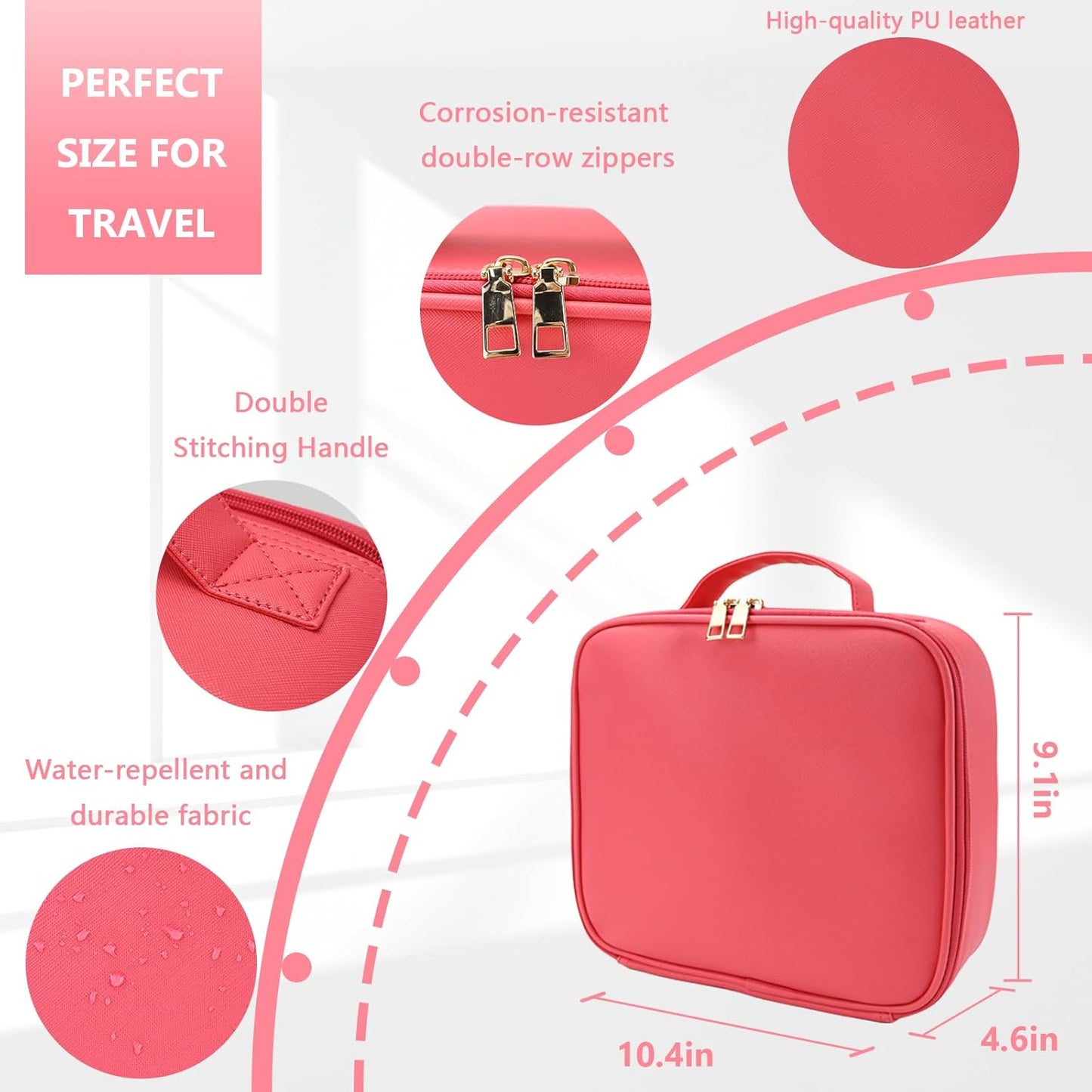 Travel Makeup Bag for Makeup Artists Large Makeup Case,with Mirror 3 Color Setting and Detachable 10x Magnifying Mirror Travel Makeup Bag,Portable Storage and Adjustable Dividers（light red）