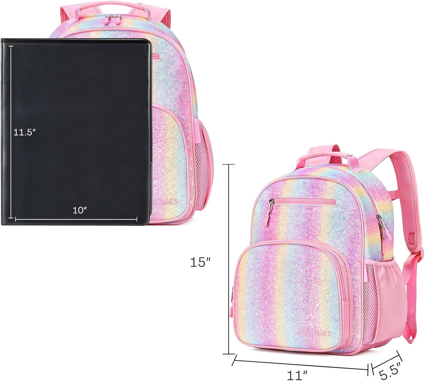 mibasies Girls Backpack 5-8: Glitter Kids Backpacks for Girls - Girl Bookbag for Elementary School - Rainbow Pink