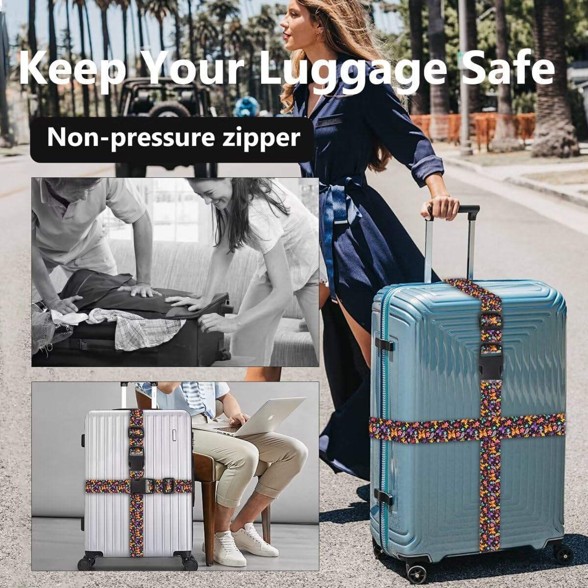 2 Pack Luggage Straps for Suitcases Adjustable Luggage Belt TSA Approved, Bright Colors Travel Packing Straps with Quick Release Buckle Unique Nylon for Sleeping Bag Car Seat, Butterfly Black