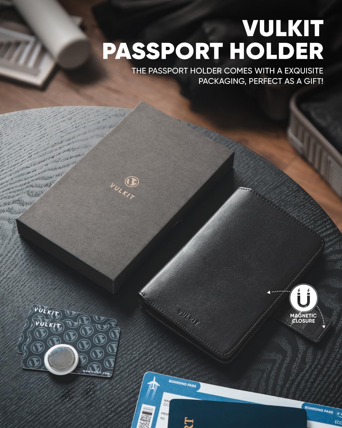 VULKIT Passport Holder with Airtag Holder RFID Blocking Passport Wallet Travel Leather Passport for Women(Iron Black)