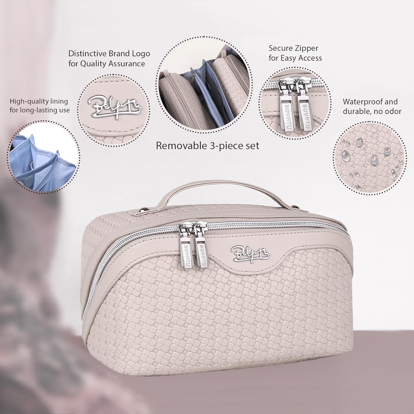 BOYATU Travel Makeup Bags for Women: Large Makeup Organizer - 3 Pcs Make up Bags Set - Vegan Leather Cosmetic Bag with Protable Handle & Divider (L18 Beige)