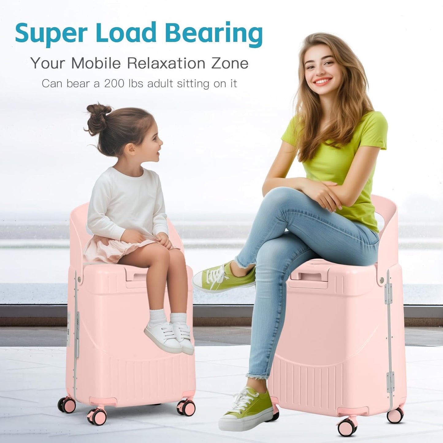 22" Ride On Luggage with Seat for Kids & Adults, Lightweight Hardside Ride-On Suitcase with Front Opening, TSA Lock, 360° Spinner Wheels, Pink