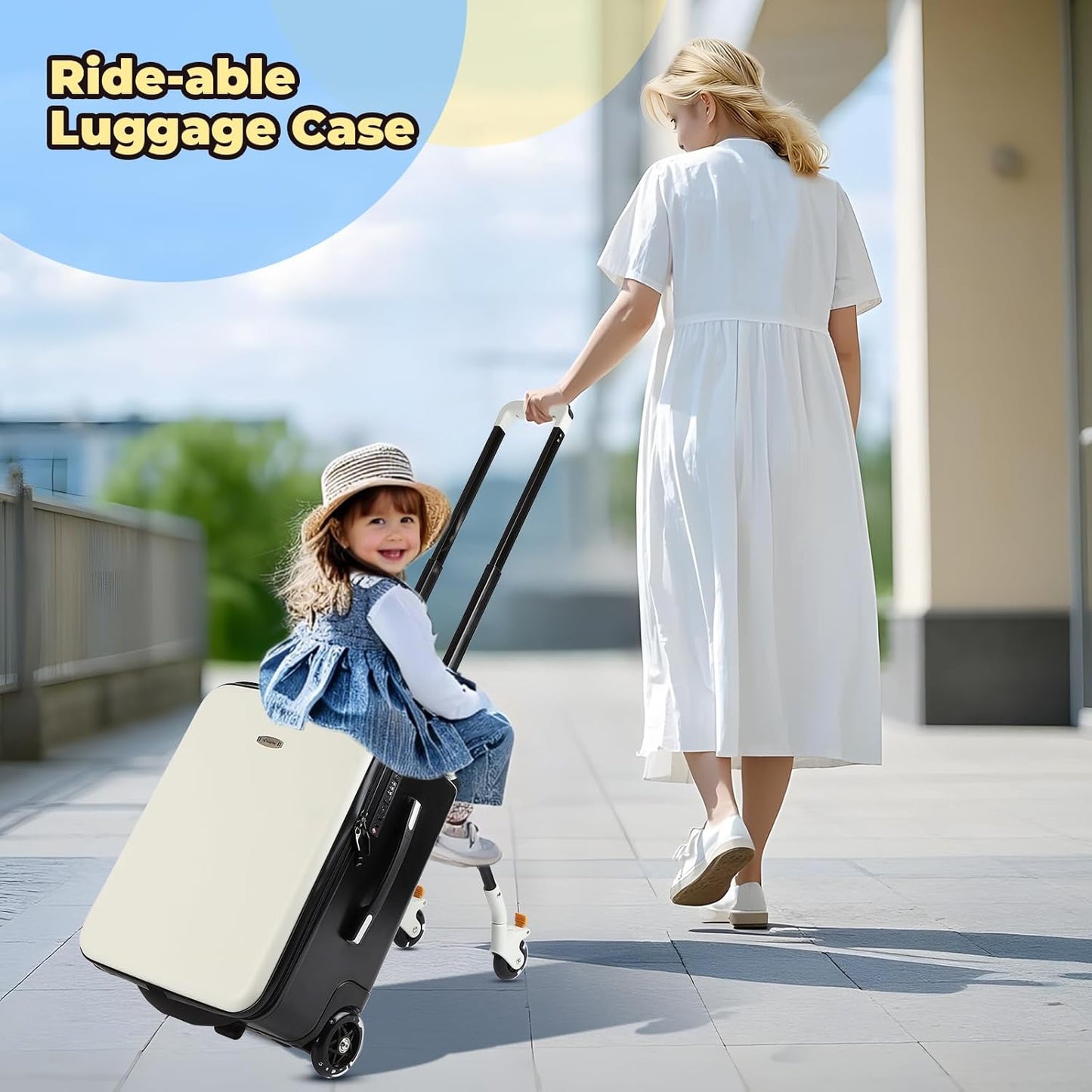 FAHKNS Ride on Suitcase luggage with Seat for Kids,21 inch Hardside Carry on Luggage with Wheels for Travel,2-in-1 Case & Baby Stroller,White
