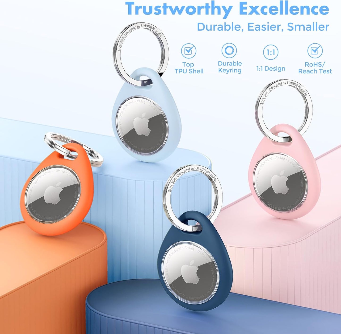 UNBREAKcable Holder for Apple AirTag - 4 Pack [Fit Tightly Design] [Easy to Install] [Hold Air Tag Securely] Waterproof TPU Shell Protective Case with All Metal Keychain Key Ring Clip